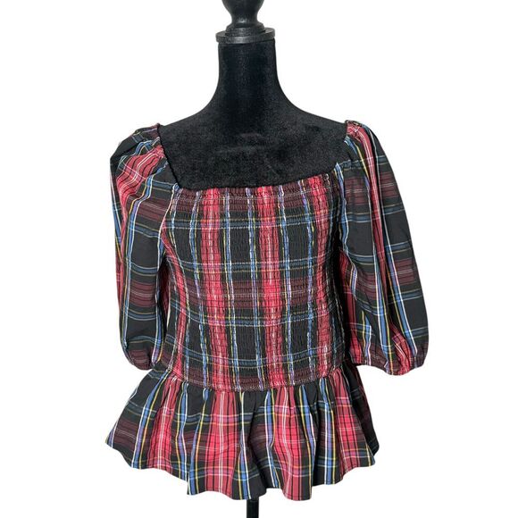 Draper James Smocked Blouse Womens L Peplum Puff Sleeve Square‎ Neck Preppy - Picture 1 of 11